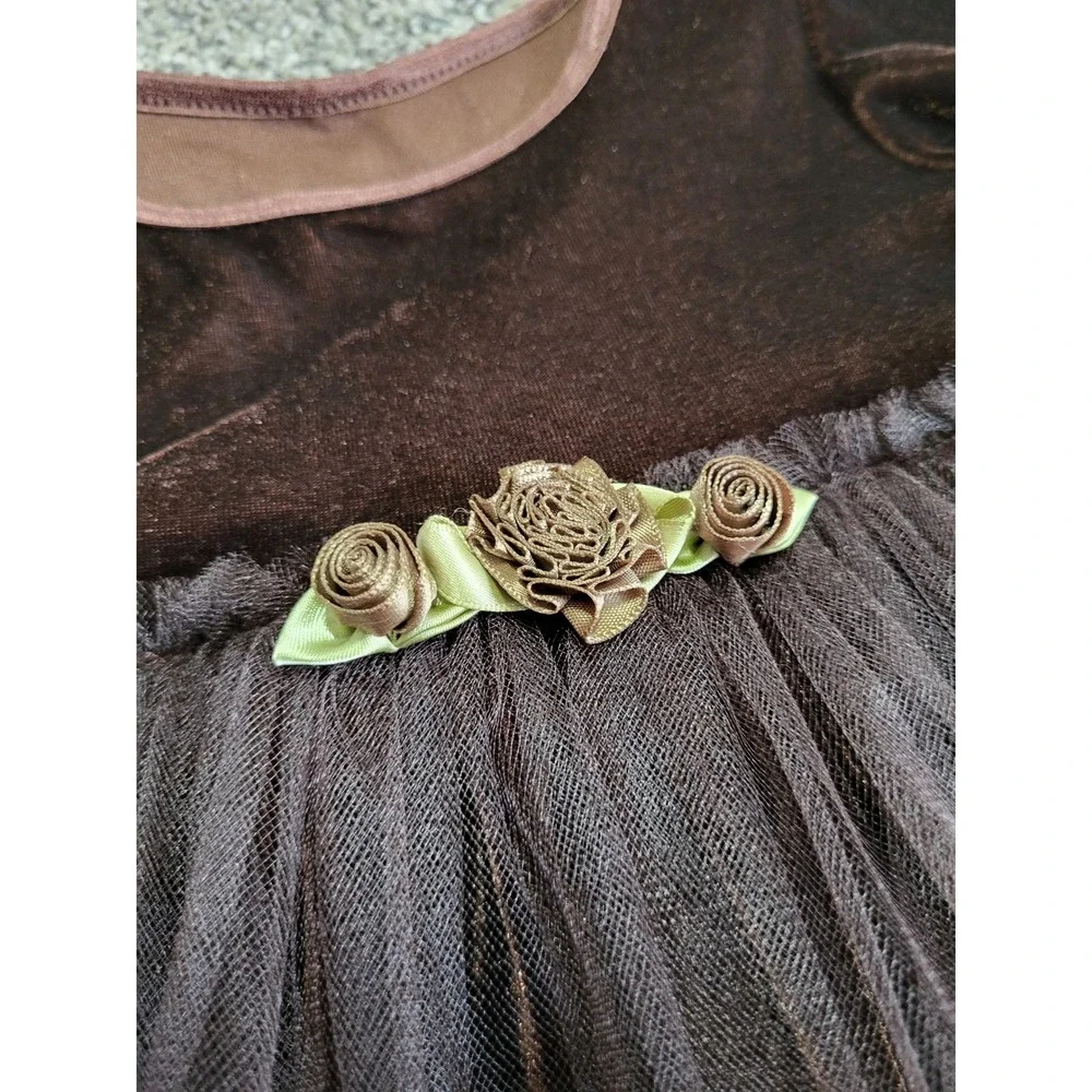 VTG Y2K Girls Velvet Tulle Party Dress 12M Brown Rosette USA Long Sleeve NWT